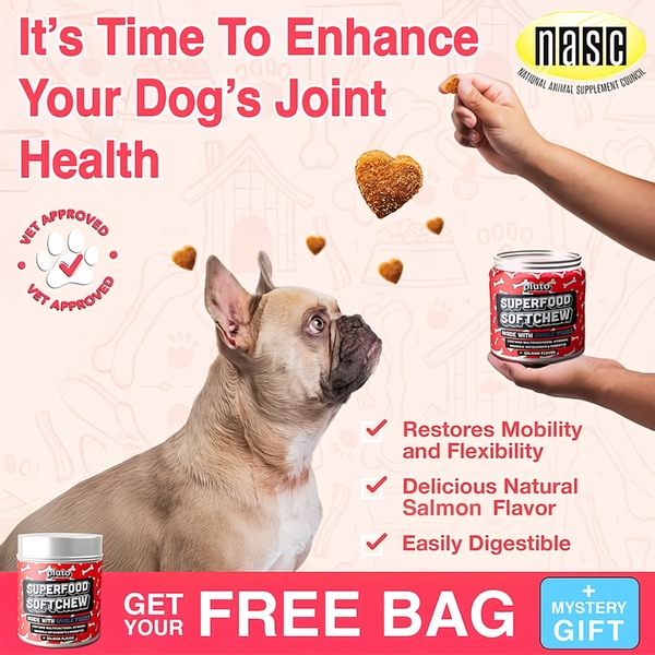 This ad creative uses a clean, benefit-driven layout to promote a canine joint supplement, featuring clear product imagery, trust signals, and a free gift incentive.